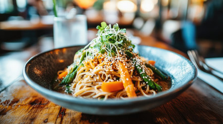 A vibrant plate of noodles topped with fresh vegetables, herbs, and sesame seeds, perfect for a delicious meal at home or in a restaurant.の素材