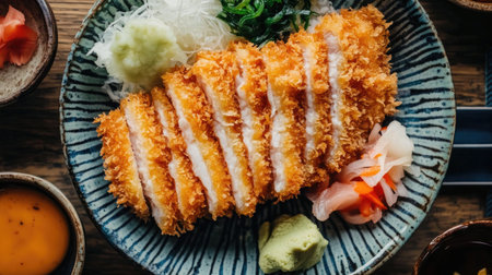 Indulge in a beautifully plated crispy fried chicken cutlet, accompanied by fresh herbs, wasabi, and colorful garnishes. Perfect for food lovers!の素材