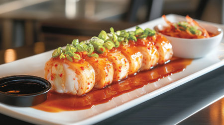 A beautiful arrangement of fresh sushi rolls topped with spicy sauce and green onions, served with a side of dipping sauce and pickled ginger, perfect for food enthusiasts.の素材