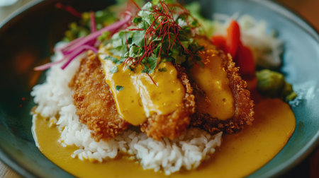 A delicious serving of crispy chicken on fluffy rice, topped with rich curry sauce and fresh herbs. Perfect for a hearty meal or takeout option.の素材