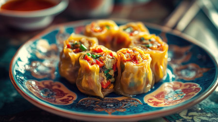 A plate of scrumptious dumplings featuring colorful fillings. Perfectly steamed, these dumplings showcase traditional Asian cuisine and culinary artistry.の素材