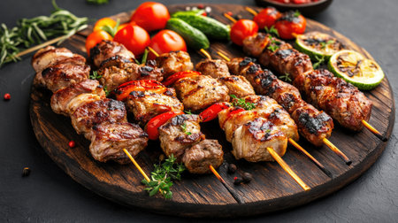 A vibrant platter of grilled skewers featuring assorted meats and colorful vegetables, perfect for summer gatherings and outdoor dining experiences.の素材