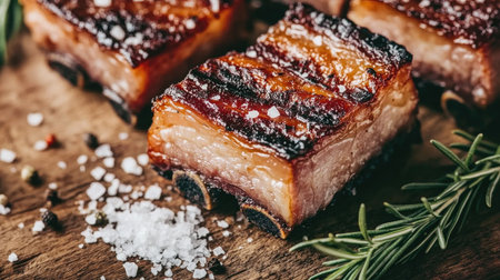 This image showcases succulent grilled meat with perfectly crisped fat, enhanced by coarse salt and fresh herbs, embodying a savory culinary delight.の素材