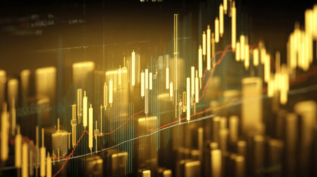 A vibrant abstract representation of a financial chart showcasing a bull market trend, featuring dynamic candlestick patterns and a golden hue, ideal for investment visuals.の素材