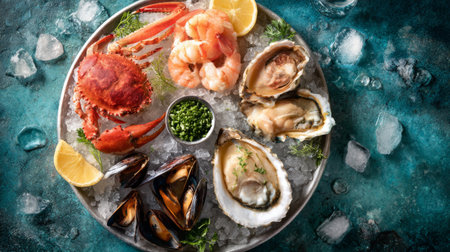 A stunning seafood platter featuring fresh oysters, shrimp, crab, and mussels, beautifully arranged on crushed ice, garnished with lemon and green onions.の素材