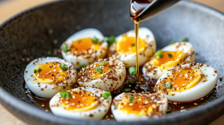 A close-up of marinated eggs drizzled with sauce, showcasing a vibrant yolk and seasoned delicacy. Perfect for culinary enthusiasts and food lovers.の素材