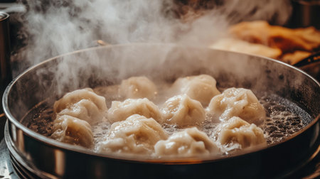 A close-up of steaming dumplings cooking in a pan, showcasing culinary artistry and deliciousness. Perfect for food-related themes and recipes.の素材