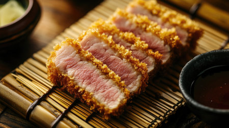 A beautifully plated crispy breaded cutlet sliced perfectly, showcasing its tender interior. Perfect for food lovers and culinary enthusiasts.の素材