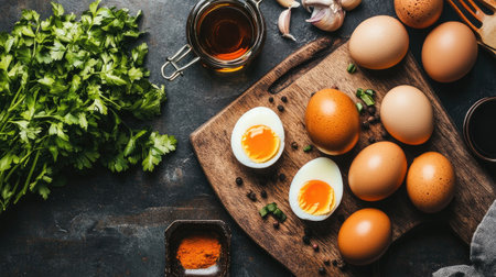 Capture the essence of cooking with fresh eggs and herbs. This vibrant scene showcases various eggs and ingredients ideal for culinary adventures.の素材