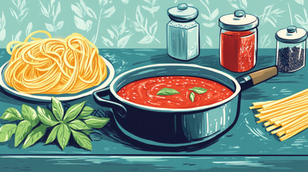 A vibrant scene featuring fresh ingredients for a classic pasta dish, including spaghetti, tomato sauce, and herbs, perfect for culinary inspiration.の素材