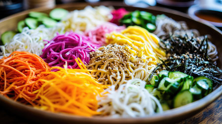 A vibrant assortment of noodles and vegetables arranged in a wooden bowl, showcasing a delicious and healthy meal option perfect for dining or entertaining.の素材