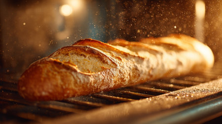 A beautifully baked baguette resting on an oven rack, surrounded by warm steam and inviting lighting, showcases the art of baking and delicious aroma in a kitchen setting.の素材