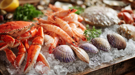 A vibrant display of fresh seafood including shrimp, crab, oysters, and clams elegantly arranged on ice, perfect for culinary presentations or celebrations.の素材