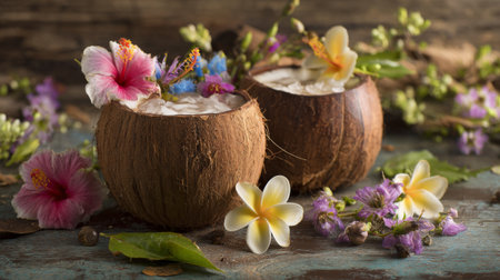 Indulge in these refreshing coconut drinks, beautifully garnished with vibrant tropical flowers, set on a rustic wooden table, ideal for summer vibes and tropical escapes.の素材