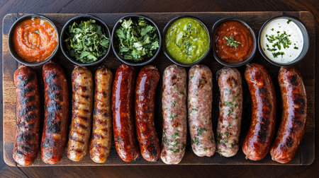 A vibrant platter featuring an assortment of grilled sausages alongside colorful dips, perfect for any gathering or special occasion. Enjoy the rich flavors!の素材