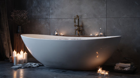 A captivating freestanding bathtub set in a softly lit bathroom featuring candles, creating a perfect ambiance for relaxation and rejuvenation. Ideal for a spa-like retreat.の素材
