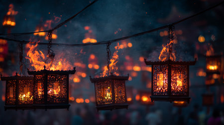 Discover the captivating beauty of glowing lanterns dancing in the night, creating a warm and inviting atmosphere during a vibrant festival celebration.の素材