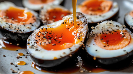 A close-up view of delicious eggs drizzled with a rich sauce, showcasing vibrant colors and seasonings, perfect for culinary inspiration or food photography.の素材