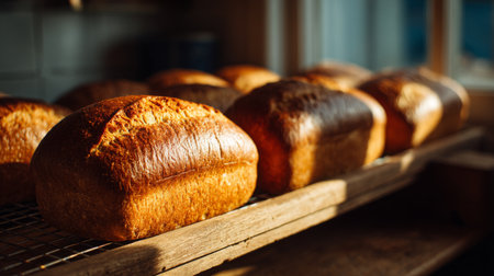 A stunning display of freshly baked loaves of bread resting on a wooden rack captures the warmth and inviting atmosphere of a cozy bakery.の素材