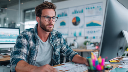 A focused young man works at his modern desk with a computer, analyzing data and developing strategies in a creative office environment.の素材