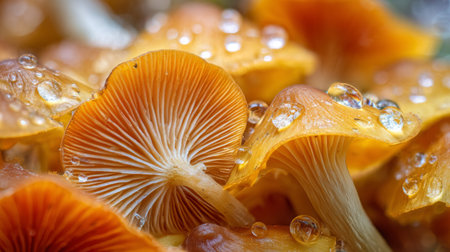 A stunning close-up image of vibrant orange mushrooms adorned with glistening water droplets, highlighting the intricate details and beauty of nature in a forest environment.の素材