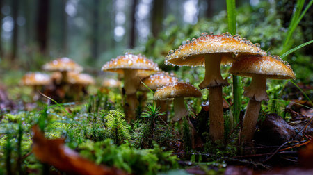 Close-up view of vibrant mushrooms adorned with raindrops in a lush forest, showcasing the intricate details of nature amidst rich greenery and tranquility.の素材