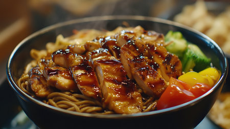 A vibrant bowl of grilled chicken served over savory noodles and fresh vegetables. Perfect for showcasing delicious Asian cuisine in any food-related project.の素材