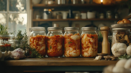 Colorful jars of freshly fermented vegetables on a rustic kitchen table, showcasing the vibrant process of fermentation and healthy food preparation.の素材