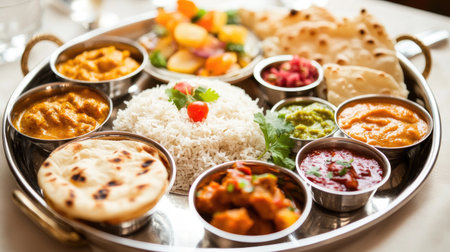 A vibrant Indian meal displayed on a silver platter featuring rice, curries, naan, and fresh vegetables, perfect for a family feast or special occasion.の素材