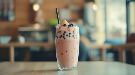 Enjoy a delicious and refreshing drink served in a cozy cafe setting, showcasing vibrant colors, tantalizing toppings, and an inviting atmosphere.の素材