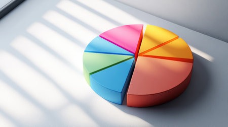 A vibrant pie chart in various colors rests on a table, casting shadows. This image conveys data analysis and business insights, ideal for presentations.の素材