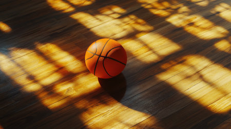 A vibrant orange basketball rests on a wooden floor, highlighting the interplay of shadows cast by sunlight, creating a dynamic and artistic atmosphere.の素材