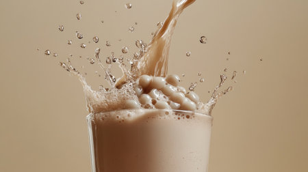 A dynamic splash of brown liquid is captured mid-air, showcasing movement and energy. The scene highlights freshness and creamy texture, perfect for beverage promotion.の素材