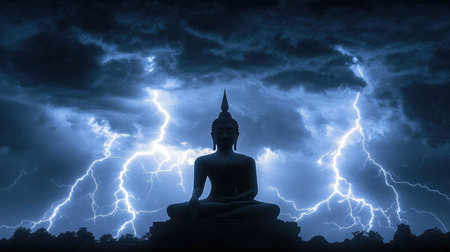 A serene Buddha silhouette sits peacefully amid a stormy sky filled with lightning and dark clouds, symbolizing tranquility and spirituality against nature's raw power.の素材