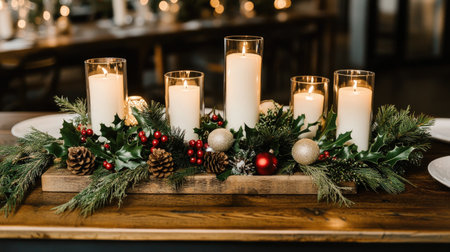A beautiful Christmas centerpiece featuring elegant candles surrounded by pine greenery and festive ornaments, perfect for holiday gatherings and celebrations.の素材