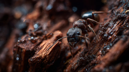 Detailed close-up of an ant on wood, featuring water droplets. The image emphasizes the ant's unique characteristics in a vibrant, natural setting.の素材