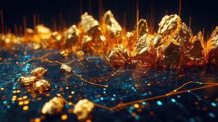 This stunning image features golden stones on a digital surface, with data lines and vibrant colors, representing finance and technology concepts.の素材