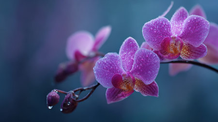 This stunning close-up captures pink orchid flowers adorned with delicate water drops, creating a serene and elegant atmosphere against a soft blue backdrop.の素材