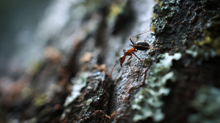 This image features a detailed close-up of an ant navigating the intricate texture of tree bark adorned with lichen, reflecting the beauty of nature and insect behavior.の素材