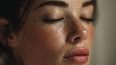 A serene close-up portrait of a young woman with beautiful freckles and soft features, captured in natural light, evoking feelings of tranquility and natural beauty.の素材