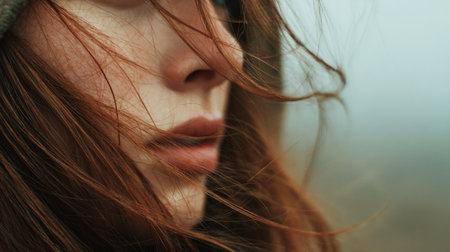 A stunning close-up portrait capturing the beauty of a woman with windswept hair. Her contemplative expression blends with the soft natural background, creating an atmosphere of tranquility.の素材