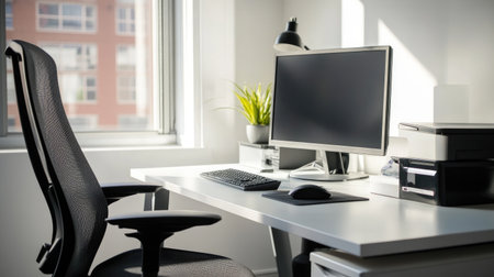A bright and modern home office setup featuring a clean desk, ergonomic chair, and sleek computer. Ideal for productivity and workspace inspiration.の素材