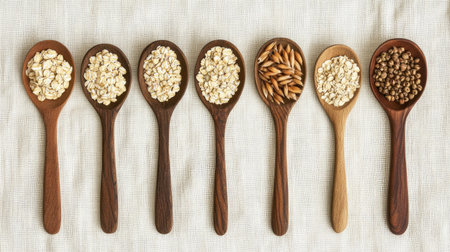 A collection of wooden spoons filled with various grains and seeds, showcasing natural textures and colors, ideal for culinary and health-related themes.の素材