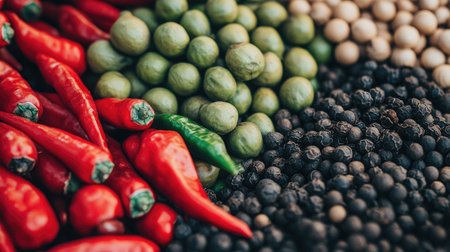 A vibrant display of assorted fresh spices and vegetables, showcasing red chilies, green herbs, and a mix of black and white seeds, perfect for culinary uses.の素材