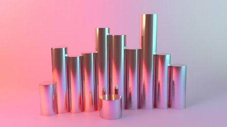 A captivating arrangement of metallic shapes in varying heights, illuminated by vibrant lighting. Ideal for modern art and design concepts.の素材