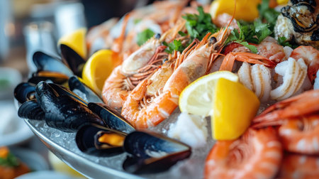 A vibrant seafood platter featuring shrimp, mussels, and lemon. Perfect for restaurants or dining events, showcasing fresh ingredients and culinary art.の素材