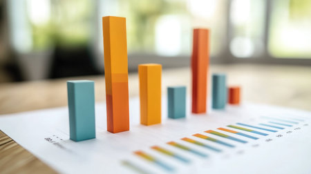 A colorful bar graph showcasing data insights in a bright office setting. The vibrant colors enhance the visual impact of business statistics and analysis.の素材