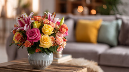 This stunning floral arrangement showcases an array of colorful flowers in a stylish vase, adding charm and elegance to a cozy living room setting.の素材