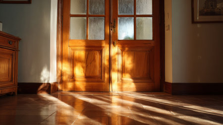 A stunning view of elegant wooden doors bathed in warm sunlight, creating beautiful shadows on a glossy floor, capturing the essence of a cozy indoor space.の素材