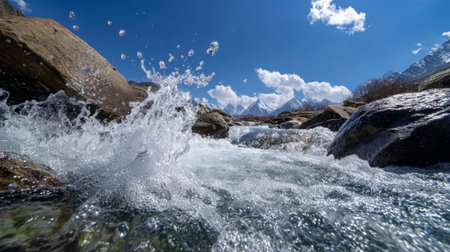 A stunning view of a mountain stream showcasing splashes of crystal-clear water against rocky terrain, framed by a vibrant blue sky with fluffy clouds, evoking serenity.の素材